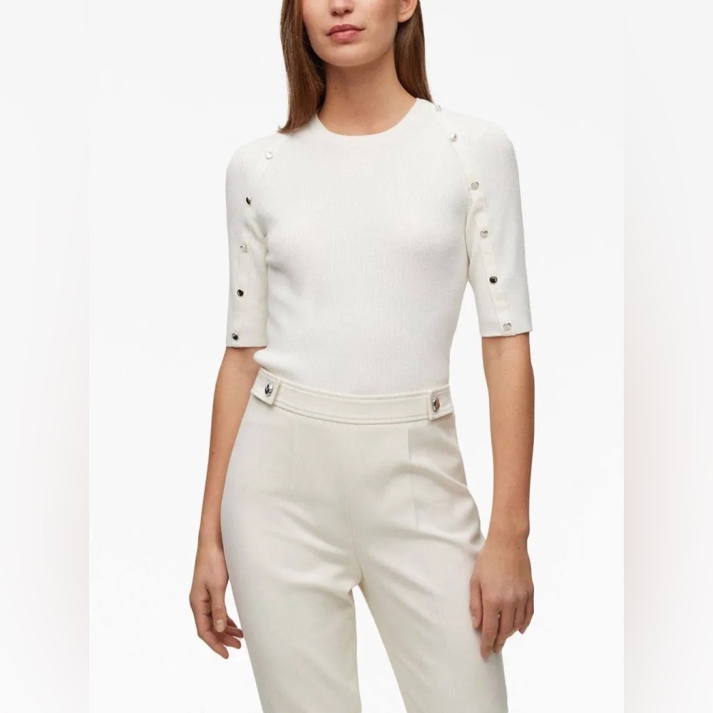 Boss Elegant Cream  Button-Detail Ribbed Knit Top size Small
